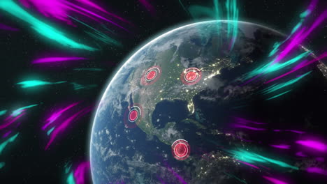 animación de rastros de luz brillante y puntos de ubicación sobre el planeta tierra