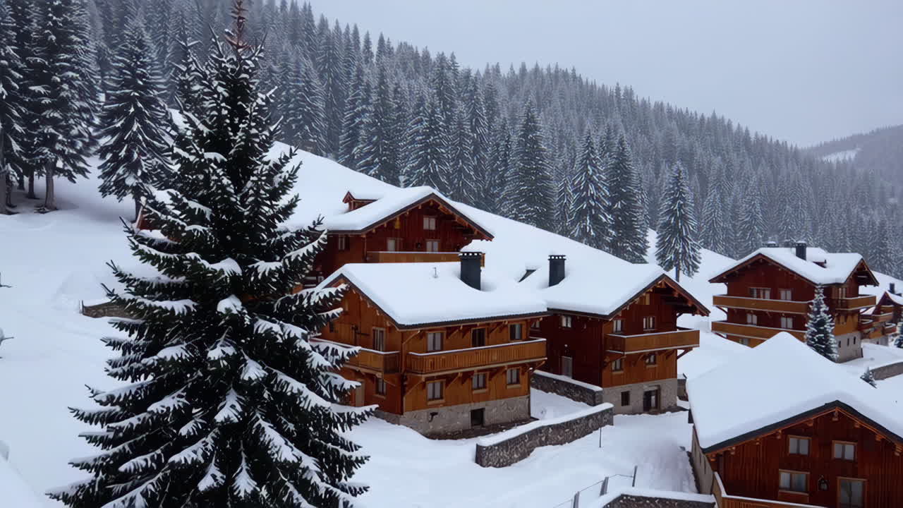 Snowy Alpine Village with Wooden Chalets