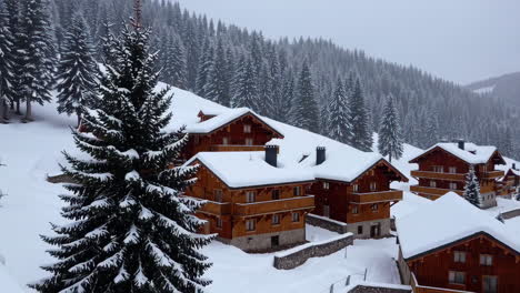 snowy alpine village with wooden chalets