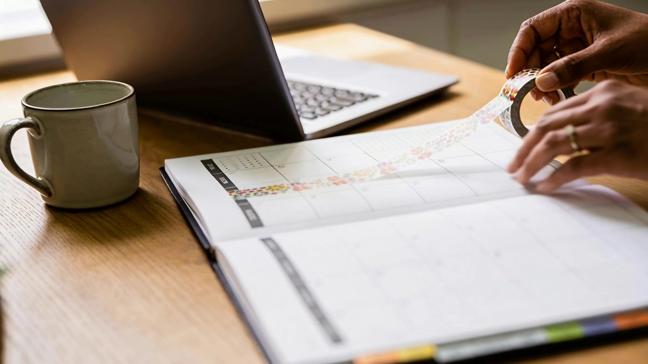 Placing tape roll, hands unrolling tape to decorate weekly planner, aligning and smoothing at desk