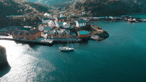 aerial landscapes of nusfjord in spring, lofoten islands, norway