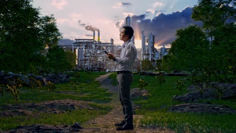 full body side view of asian male worker standing with his phone in front of oil refinery, he observes by looking around before he come to concentrating with his smartphone