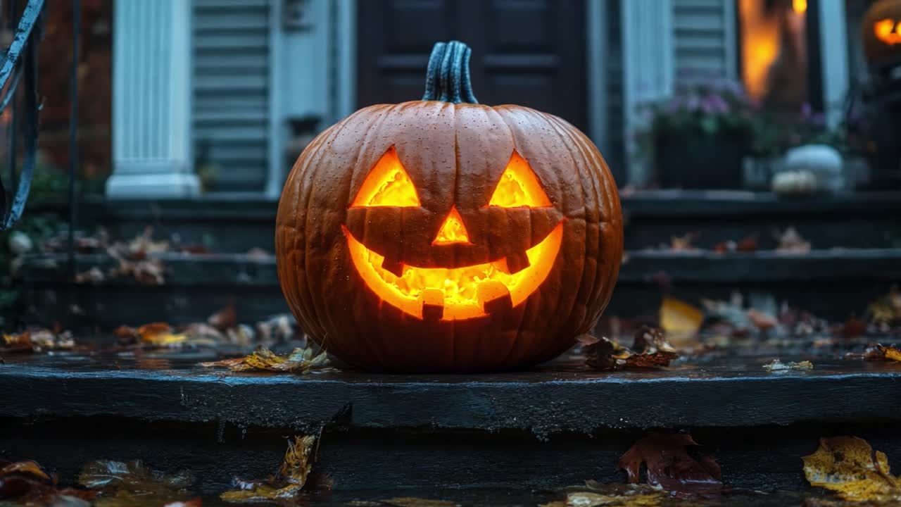 Halloween Pumpkin Surrounded by Fall Leaves