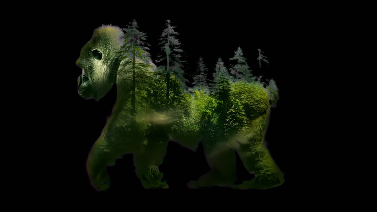 Animazione di gorilla a doppia esposizione, risorsa isolata, video 4K trasparente, canale alfa, ProRes
