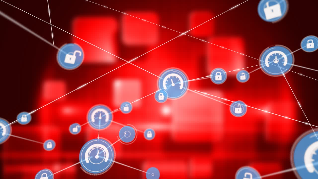animación de la red de conexiones con iconos sobre formas sobre fondo rojo