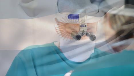 animation of flag of argentina waving over surgeons in operating theatre