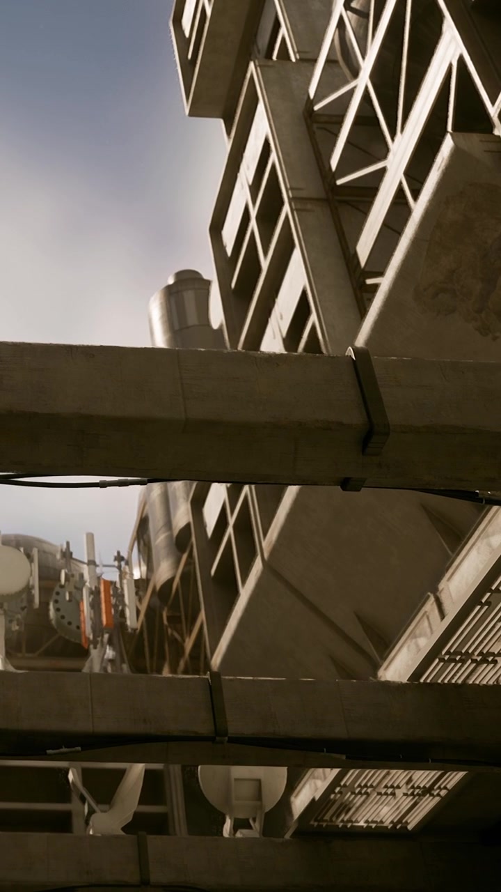 Building structure with metal beams and industrial elements in urban area