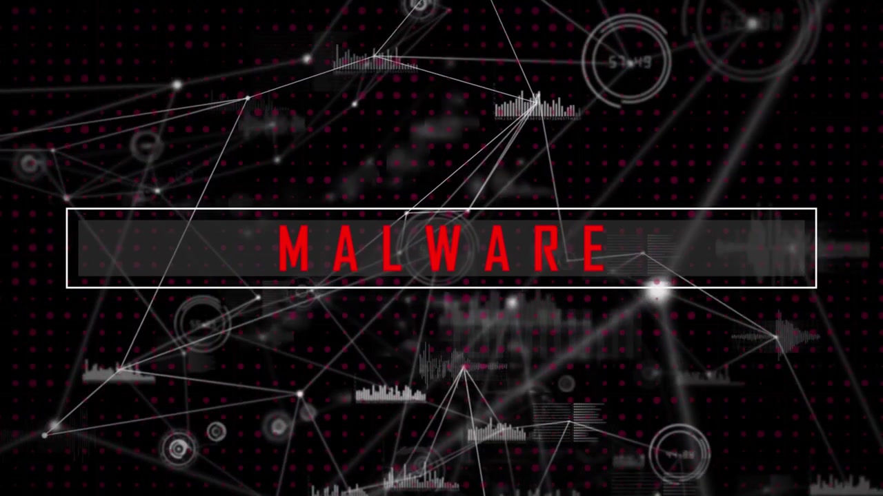 Animation of cyber attack warning text over networks of connections