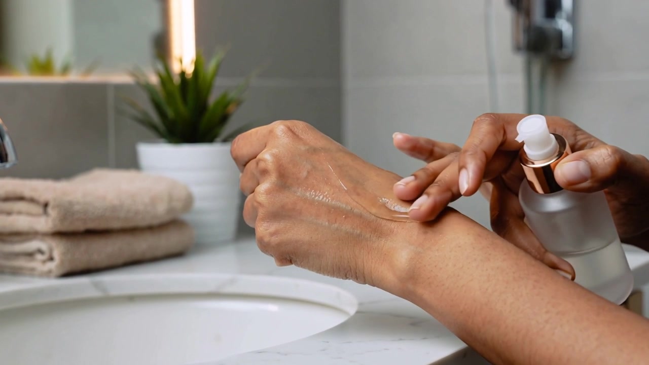 Premendo un flacone a pompa satinato, una donna spalma il siero sul dorso della mano sul mobiletto del bagno per l'idratazione.