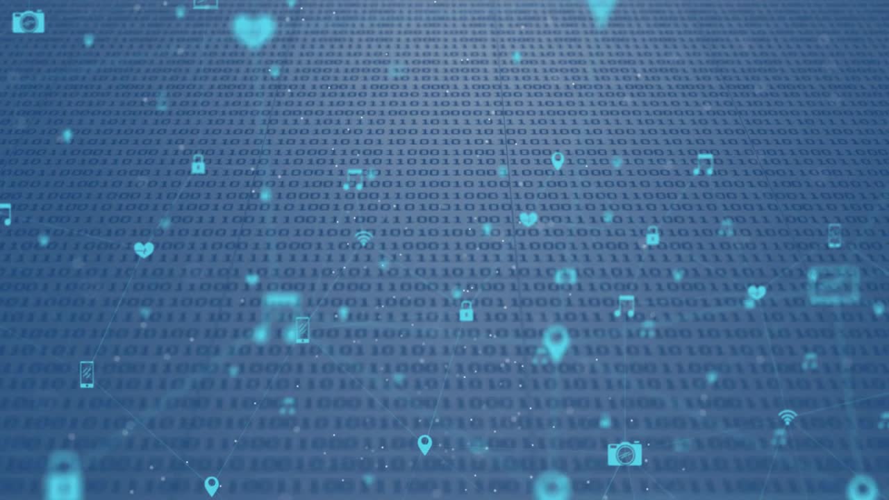 Binary grid releasing cyan heart camera phone icons, drifting linking into network for tech use