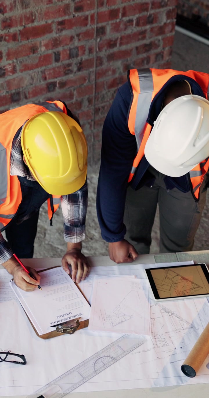 Construction Engineers Reviewing Blueprints and Maintenance Checklist