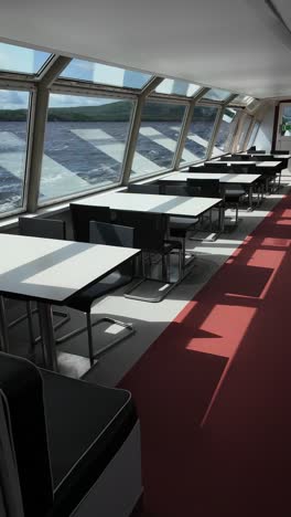 empty tour boat interior with panoramic windows and lake view