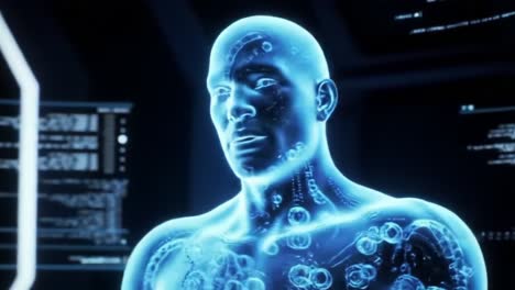 a futuristic holographic representation of a human figure, showcasing intricate details of anatomy and digital elements, blending technology and biology in a visually stunning display