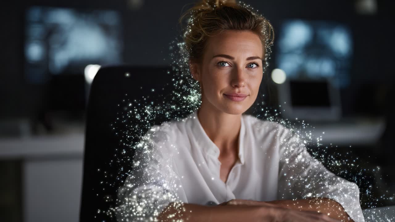Eine selbstbewusste, professionelle Frau lächelt, umgeben von bezaubernden Glitzern in einer schwach beleuchteten Umgebung, die Charisma und Gelassenheit für eine fesselnde Atmosphäre ausstrahlt