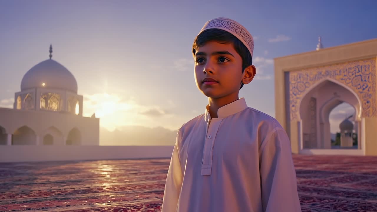 Young Muslim male praying in traditional attire, silhouetted against golden mosque light, reflecting spiritual contemplation during evening prayer