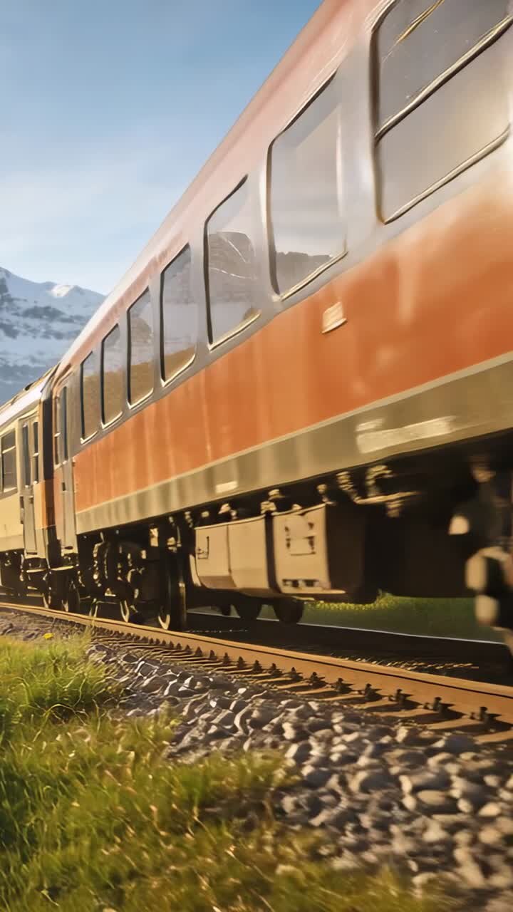Vertical video: Front entering left red-cream passenger train moving through valley kicking ballast