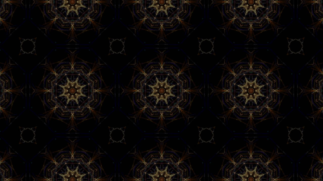 Dynamic animation of traditional floral ornaments made of small particles. Yellow kaleidoscope pattern on a dark looped background.