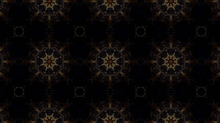 Dynamic animation of traditional floral ornaments made of small particles. Yellow kaleidoscope pattern on a dark looped background.
