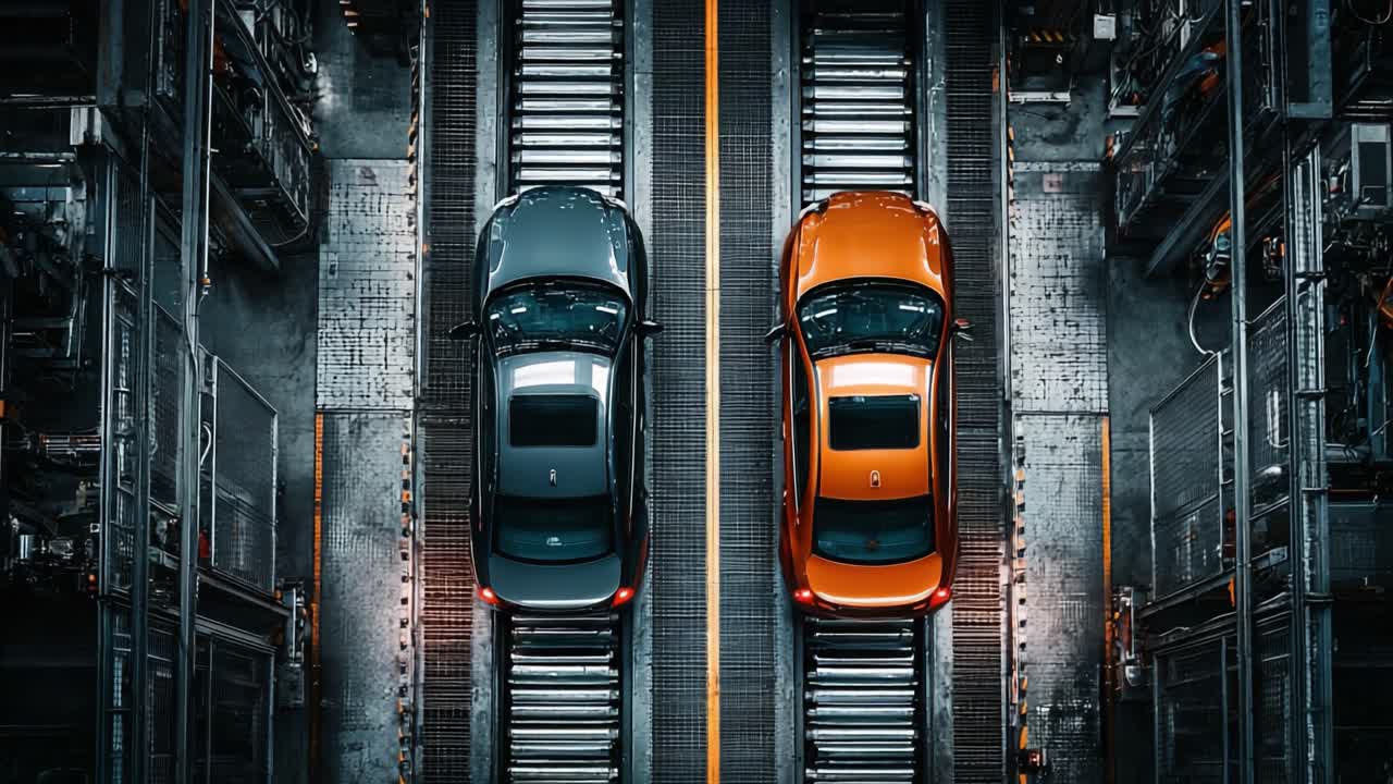 Et luftperspektiv af innovativ bilteknologi, der viser to forskellige biler i et moderne industrianlæg