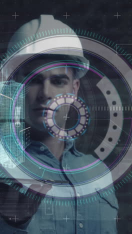escaneo de alcance y procesamiento de datos contra un holograma 3d sobre un arquitecto masculino que sostiene una tableta digital