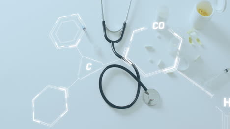 animatie van dna-strengdiagrammen met gegevensverwerking over pillen, stethoscoop en spuit