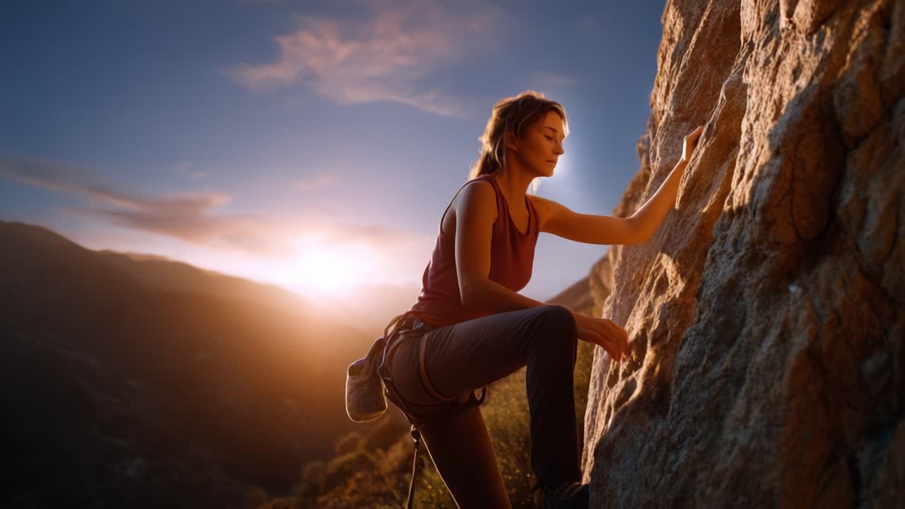 Un Alpinista Determinato Scala una Parete Rocciosa, Mettendo in Mostra Forza e Concentrazione Contro uno Sfondo Mozzafiato di Tramonto, Evidenziando la Bellezza dell'Avventura all'Aria Aperta