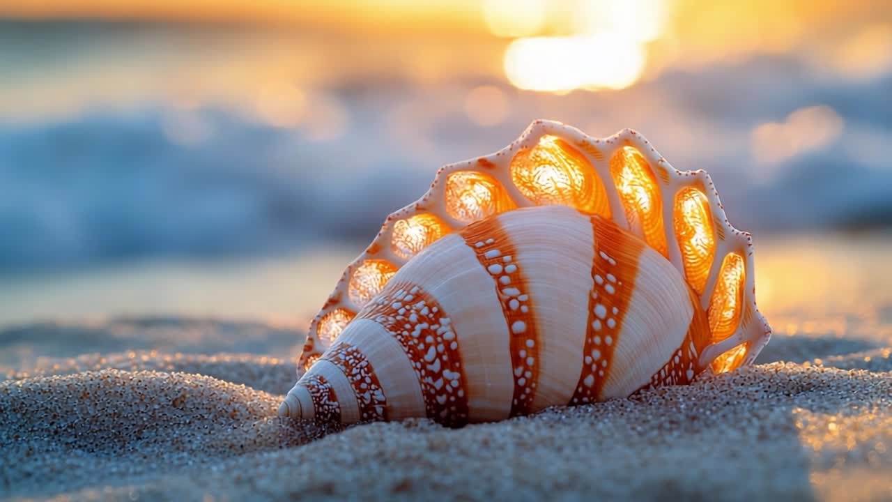Beautiful seashell on a beach at sunset