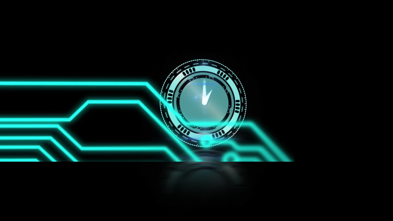 Animation of computer circuit board over clock on black background
