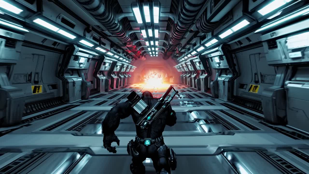 Gorilla Soldier in Sci-Fi Spaceship Corridor