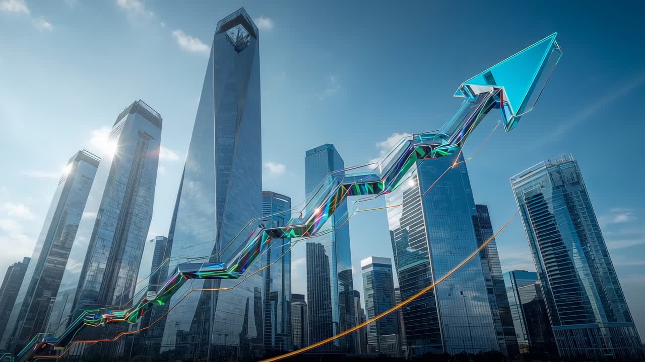 Upward Trend in Modern Cityscape with Glowing Arrow
