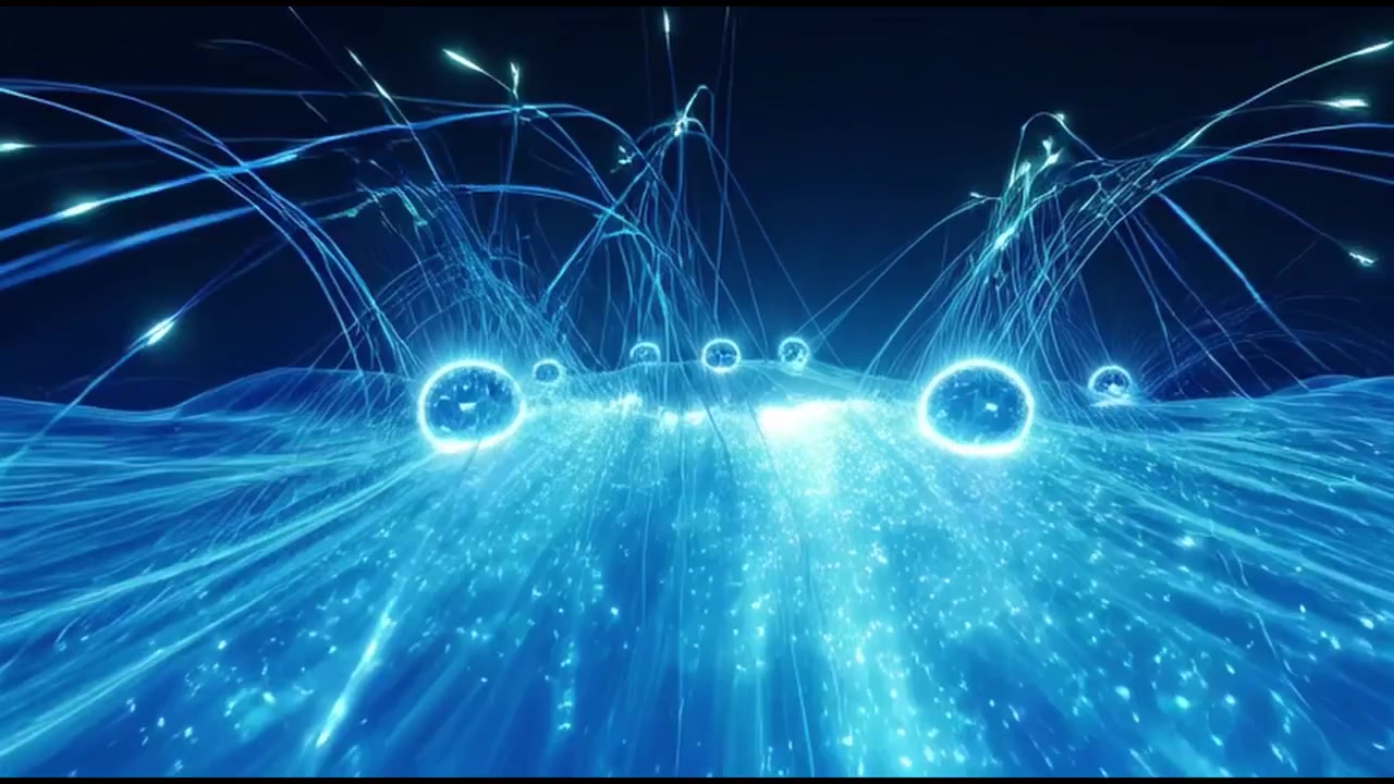 Abstract Digital Landscape with Glowing Blue Spheres and Light Trails