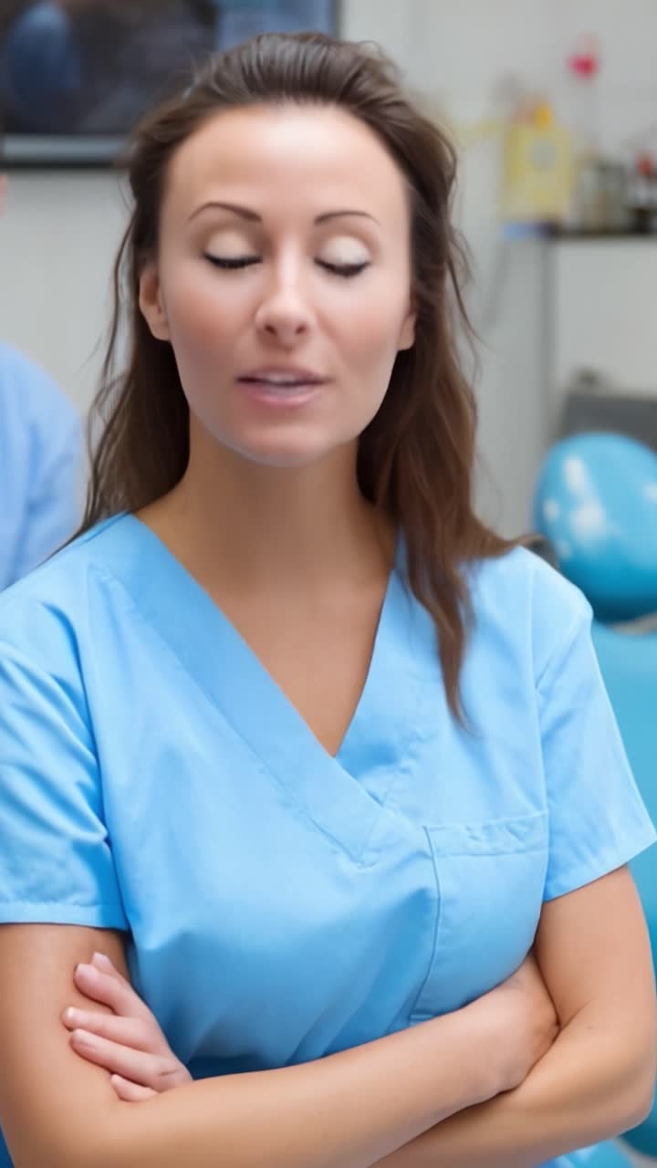 Profissional de Saúde Confiante e Compassivo em Scrubs Azuis Claros, Pronto para Ajudar Pacientes e Oferecer Cuidados de Qualidade em um Ambiente Médico Moderno
