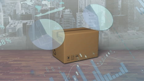 procesamiento de datos estadísticos sobre caja de entrega en superficie de madera contra el paisaje urbano