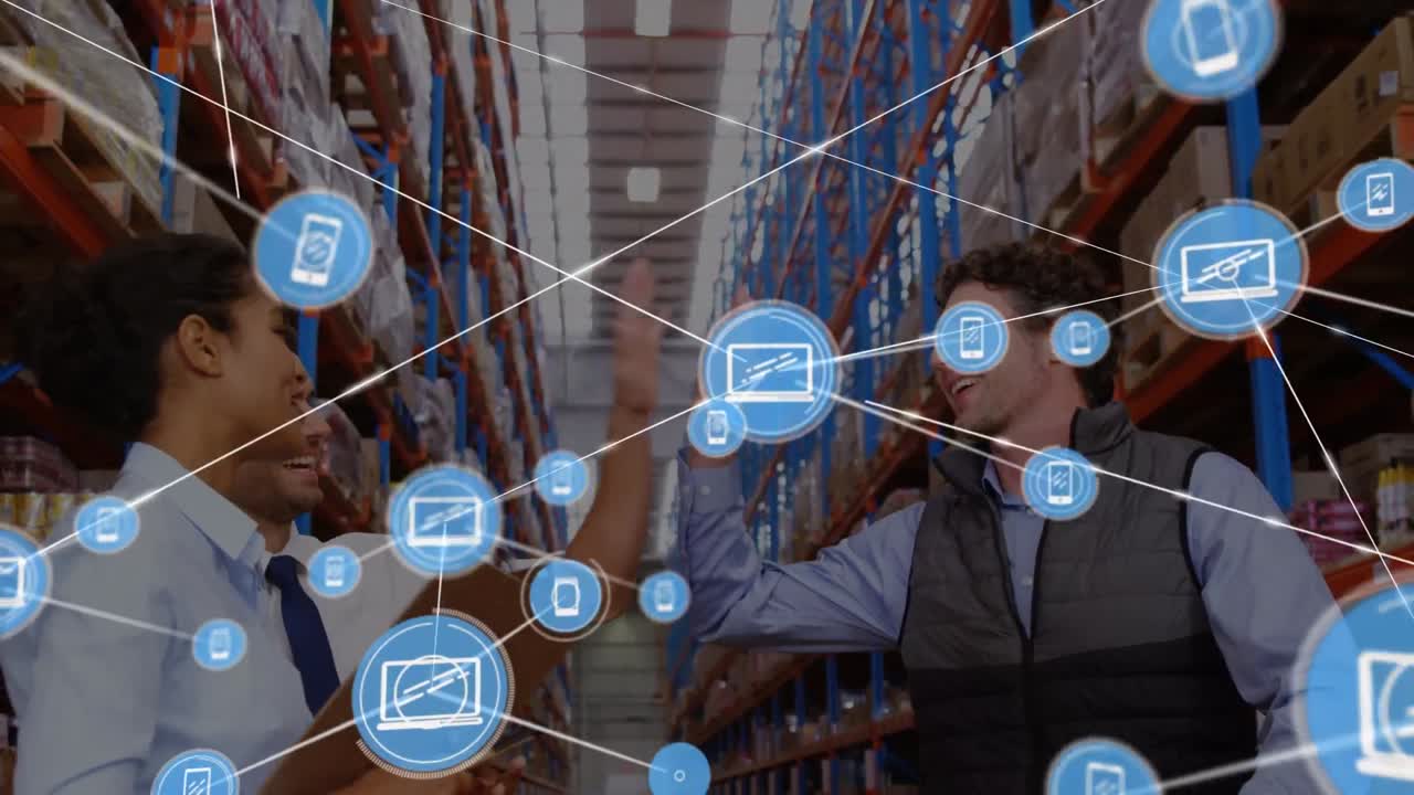 animación de la red de conexiones entre diversos trabajadores en el almacén