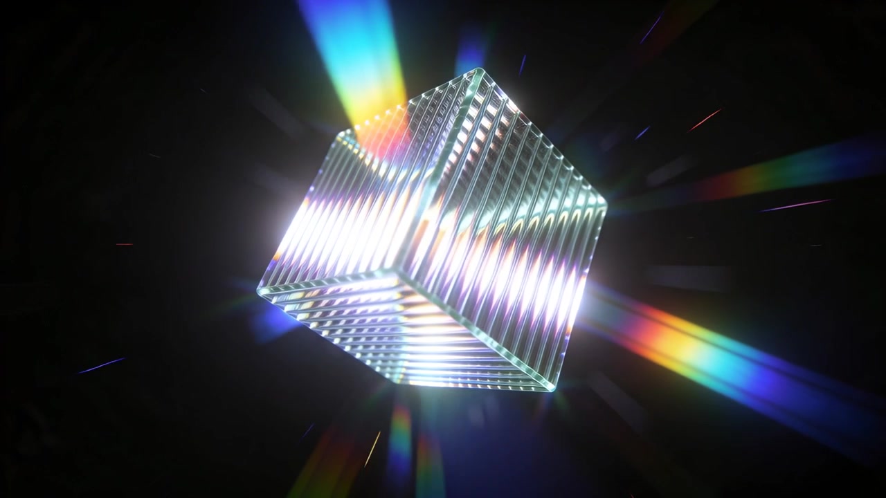 Un cubo di vetro scanalato ruota rifrangendo fasci di colore sotto una luce puntiforme fuori campo in uno studio buio.