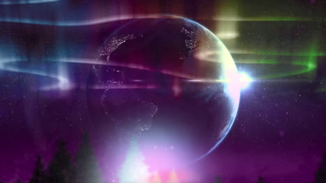 animation of green, purple and blue aurora borealis lights moving over globe and landscape at night