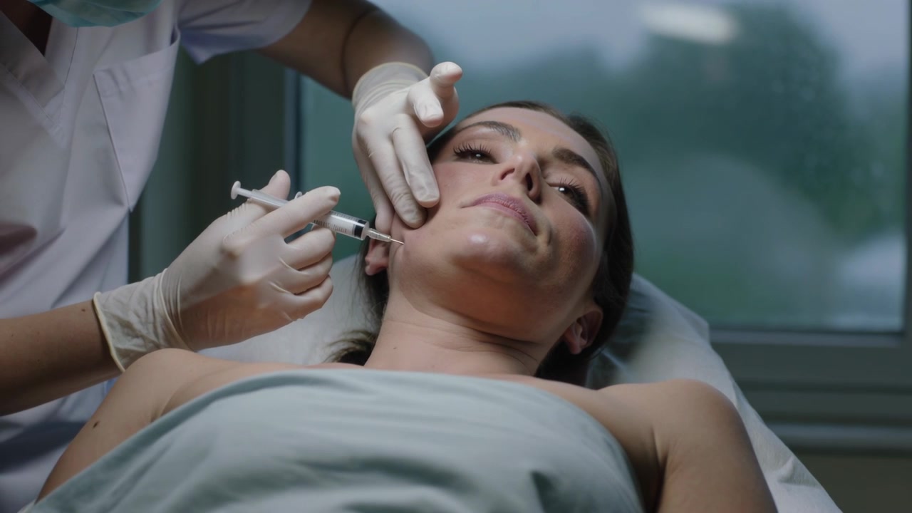 Avvicinando l'ago alla guancia sinistra, un medico tiene la pelle e somministra iniezioni cosmetiche in clinica, con i guanti.