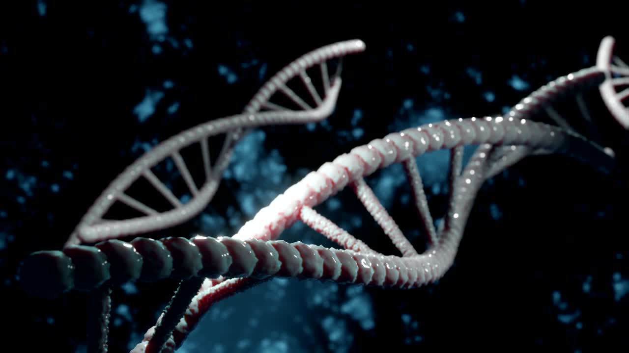 representación tecnológica abstracta de la molécula de adn del plexo digital en fondo azul. para biotecnología, química, ciencia, medicina e inteligencia artificial. cadena de adn giratoria. render 3d