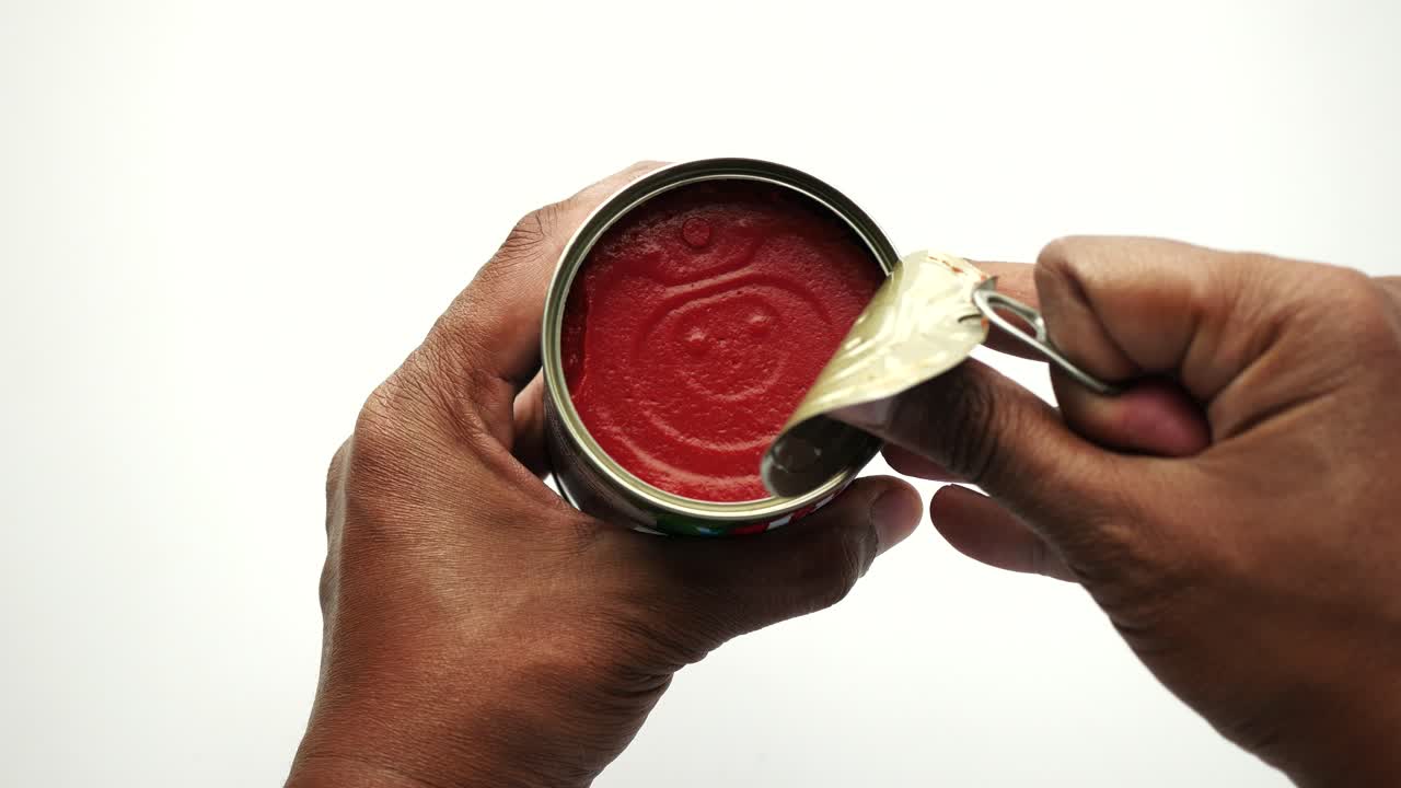 손은 토마토 페이스트 캔을 열고
