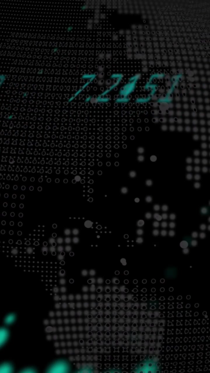 Digital animation of data processing and changing numbers over spinning globe on black background