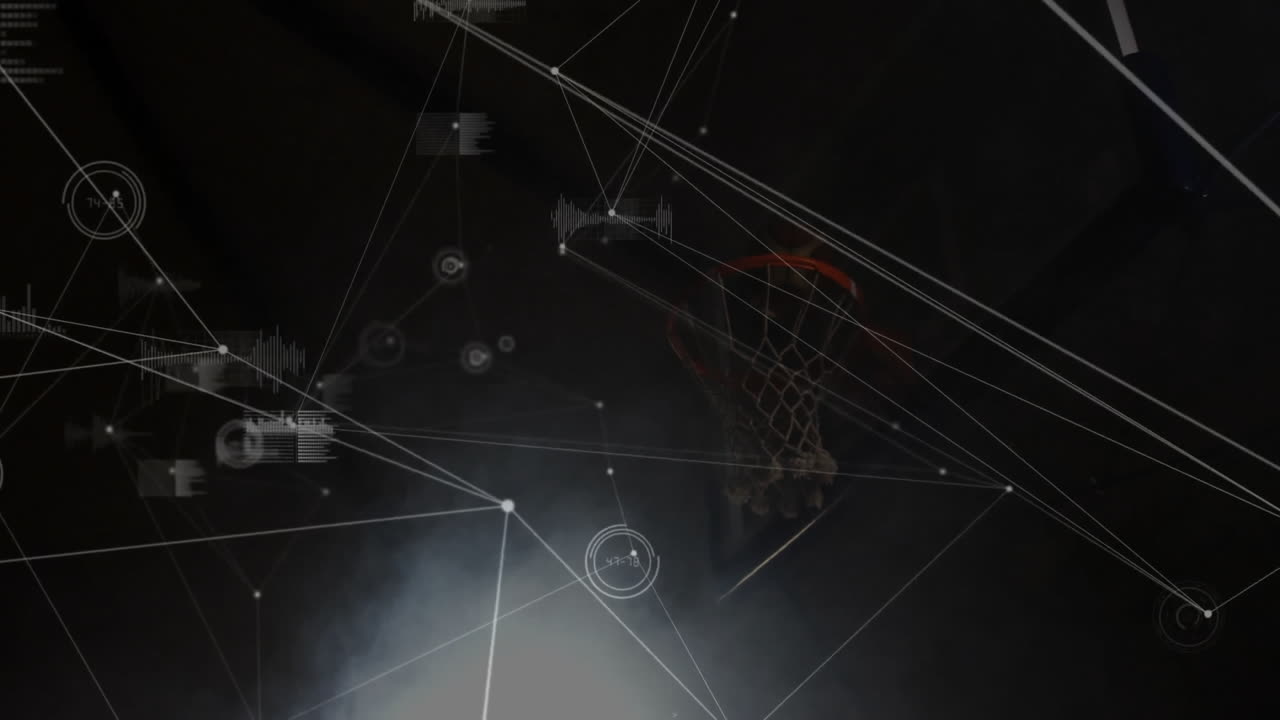 Animated network connections processing data over basketball hoop in dark setting