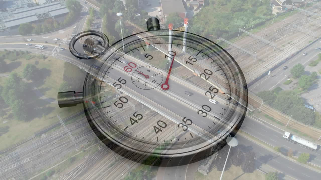 Stopwatch starting timer, red second hand moving clockwise as cars flowing beneath, showing time