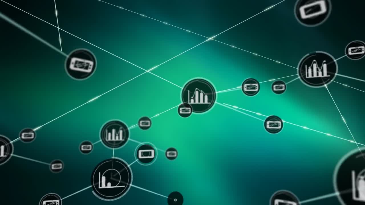 animación de la red de conexiones con iconos sobre fondo verde