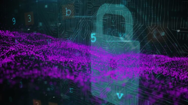 Animation of light spots over padlock icon and cyberattack warning on black background