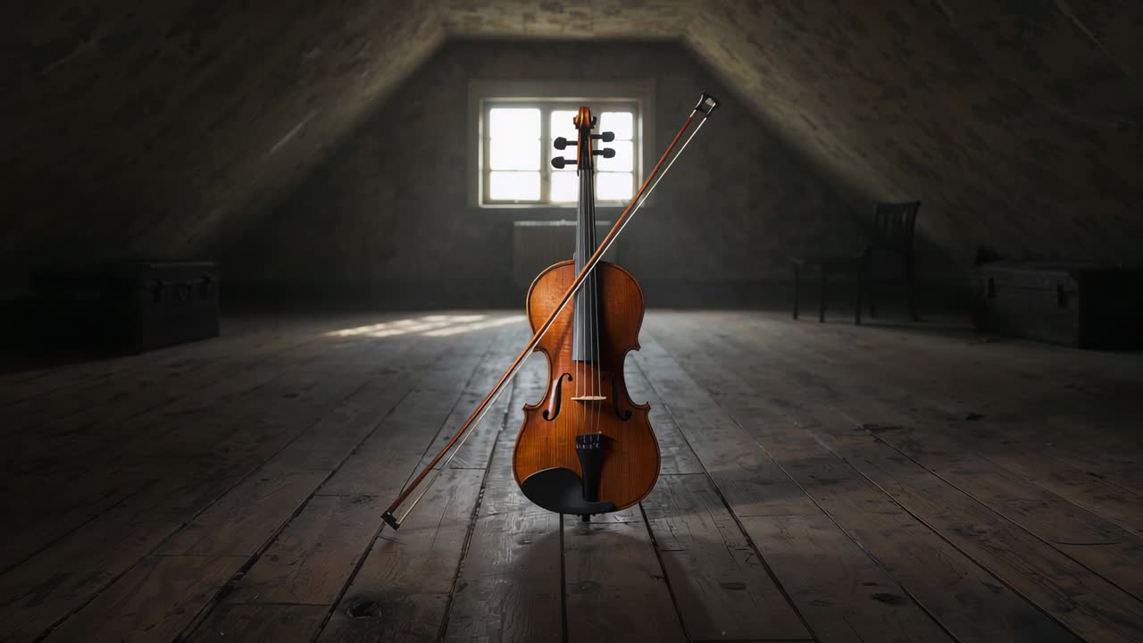 Zoom della fotocamera che porta in avanti un violoncello di legno con archetto in un attico, la luce della finestra mostra le calde venature