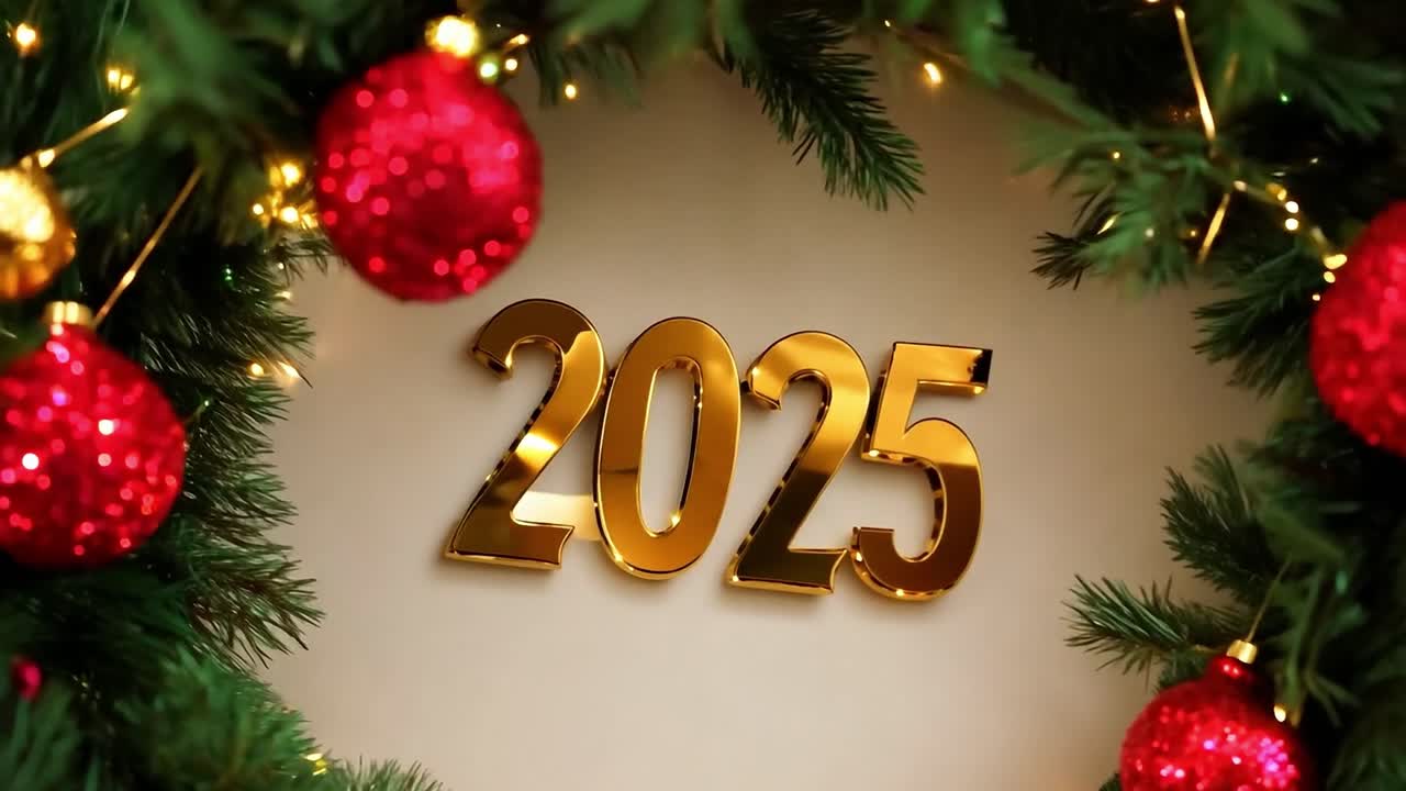 A golden 2025 sign on a Christmas wreath