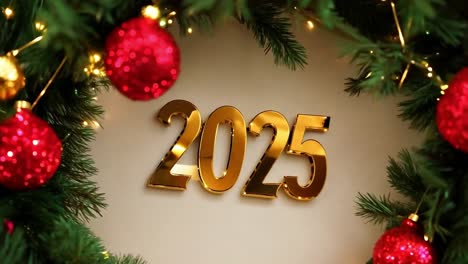 a golden 2025 sign on a christmas wreath