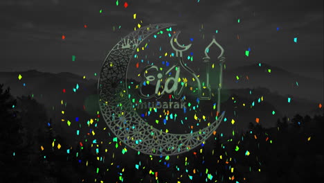 animazione del testo di eid mubarak con mezzaluna e moschea con sfondo di confetti