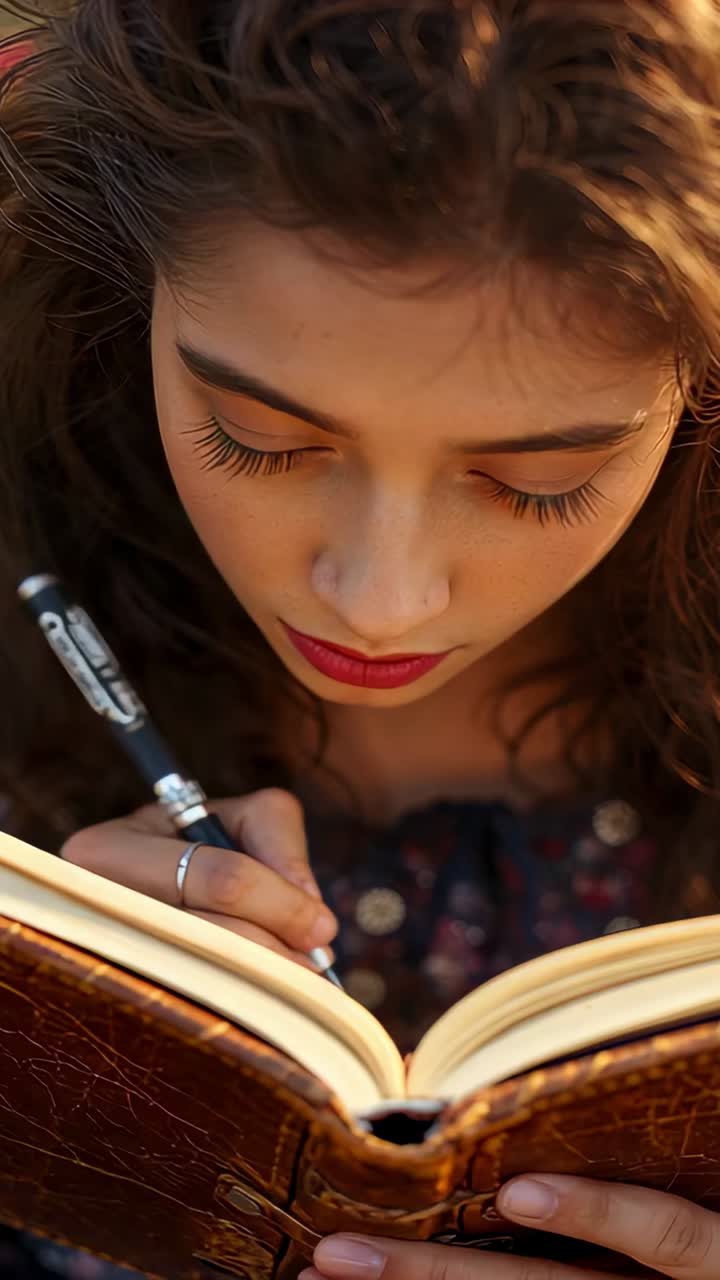 Vertical video: Writing woman in floral top tapping pen to page in notebook at sunlit spot pausing