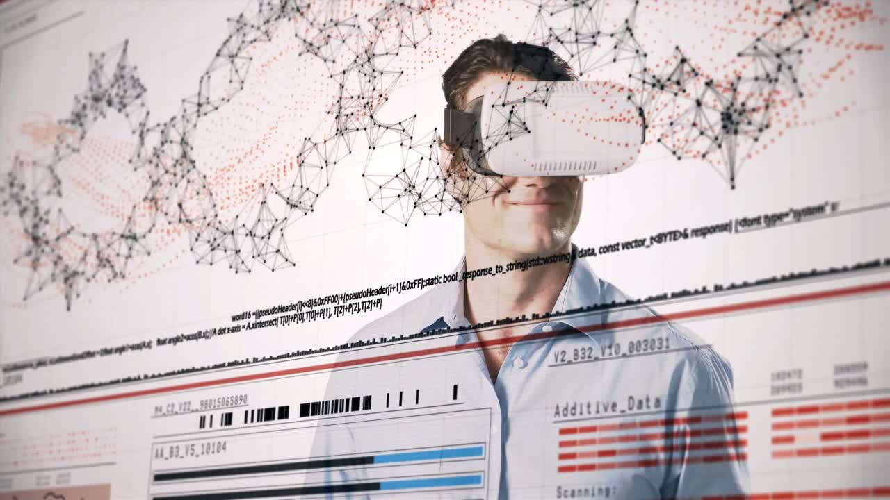 hombre usando auriculares de realidad virtual y pantalla futurista
